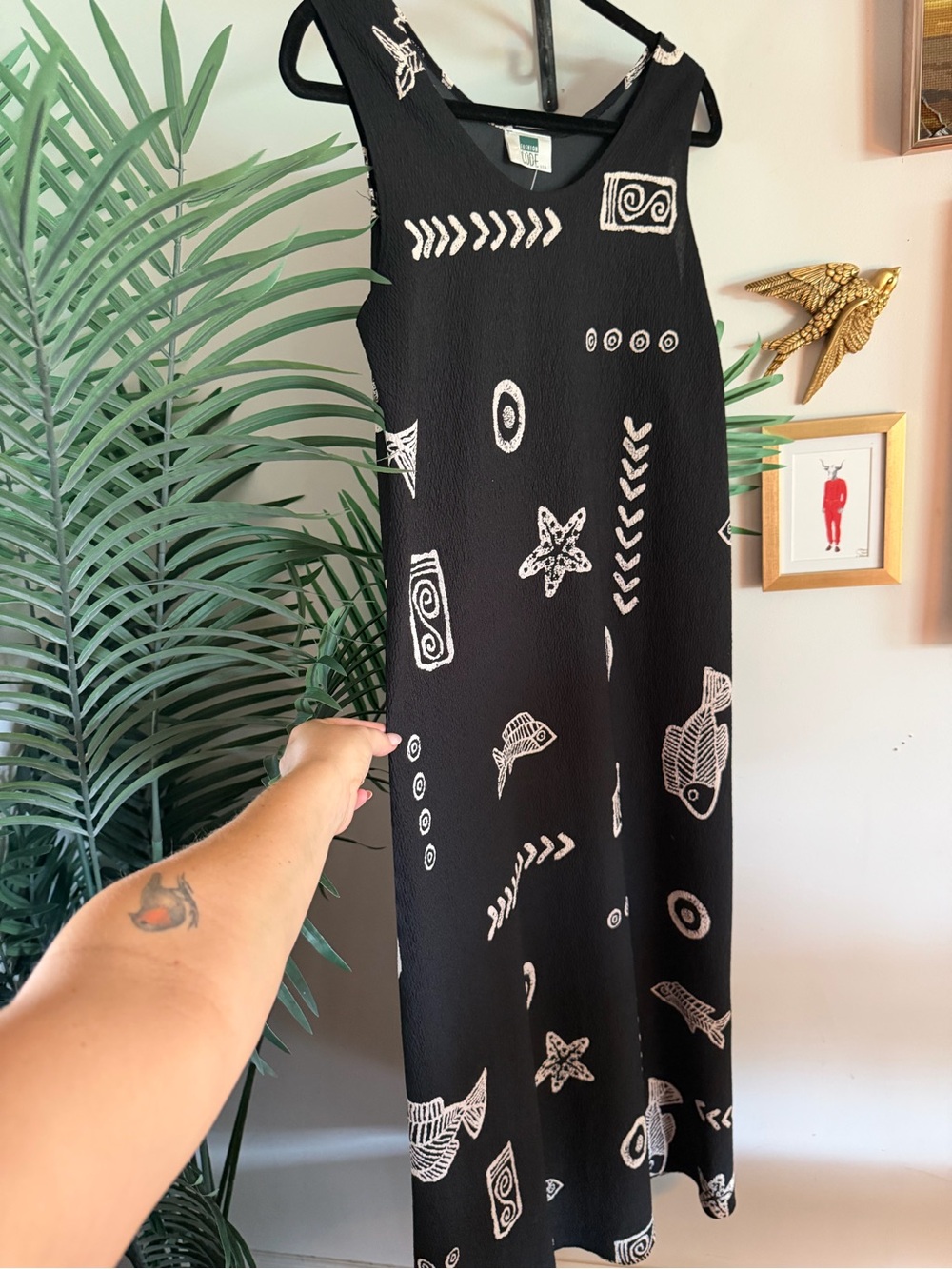Vintage Whimsical Sleeveless Black Printed Midi Skirt Dress